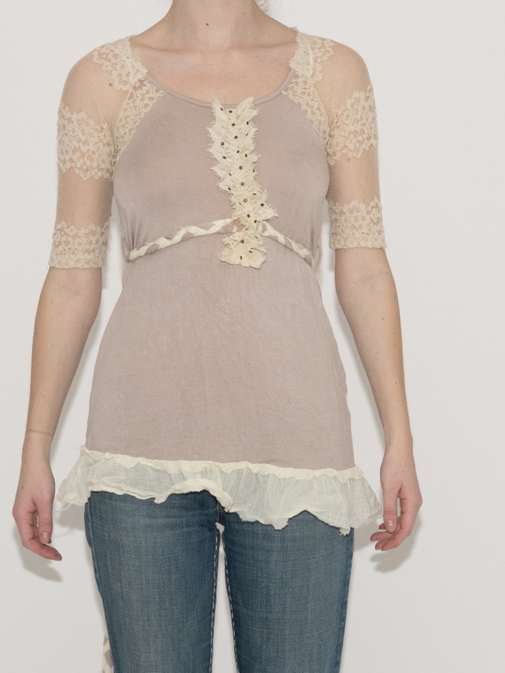 Y2k lacy blouse with tie grey cream size small BKE Boutique stretchy